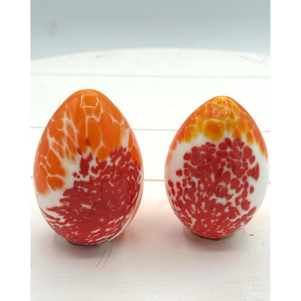 2 Vintage Bohdana Czech Art Glass Eggs Orange Red Spatter Hand Blown Paperweight